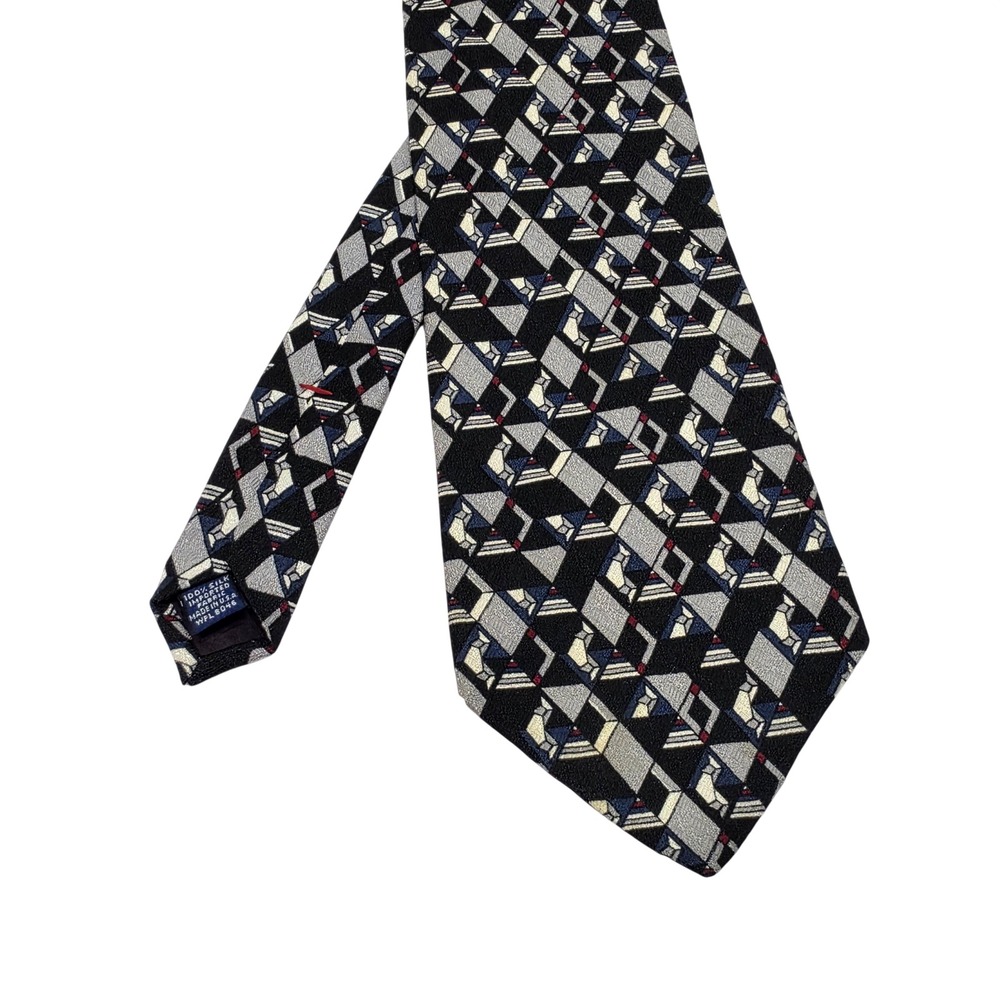 Savile Row Mens Silk Tie Geometric 3D Cube Pattern Black Grey Blue Made in USA